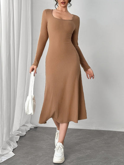 Square Neck Long Sleeve Midi Wrap Dress Trendsi OMDEL.COM