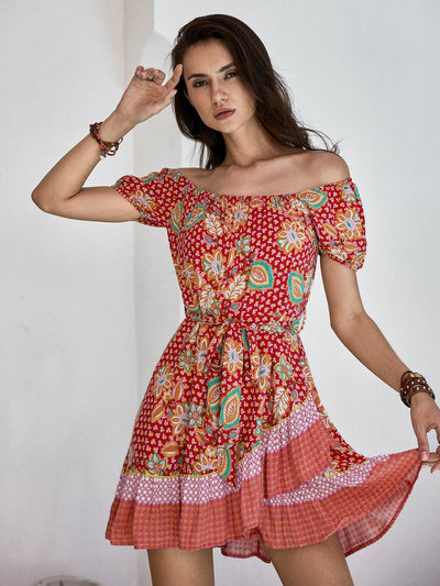 Printed Short Sleeve Tie Waist Mini Dress Trendsi OMDEL.COM