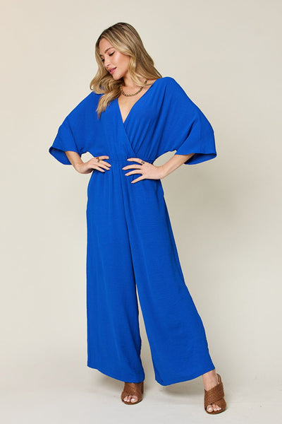 Double Take Full Size Surplice Wide Leg Jumpsuit with Pockets - OMDEL.COM