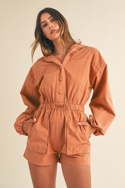 Mable Snap Down Long Sleeve Hooded Romper - OMDEL.COM