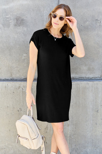 Basic Bae Bamboo Full Size Round Neck Short Sleeve Dress with Pockets Trendsi OMDEL.COM