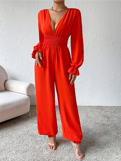 Honey Plunge Smocked Flounce Sleeve Jumpsuit Trendsi OMDEL.COM