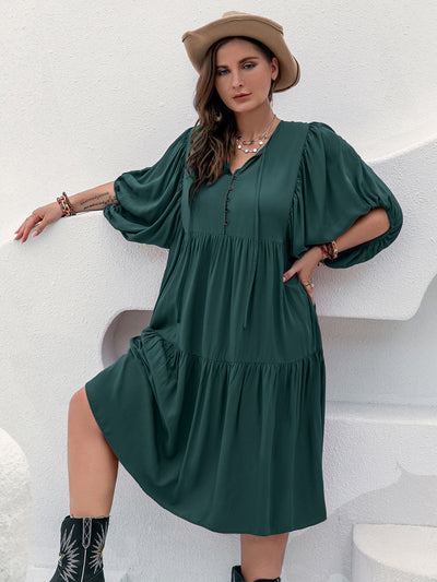 Plus Size Tie Neck Balloon Sleeve Midi Dress Trendsi OMDEL.COM