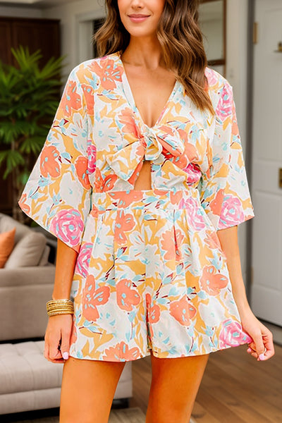 Tied Printed Half Sleeve Romper Trendsi OMDEL.COM