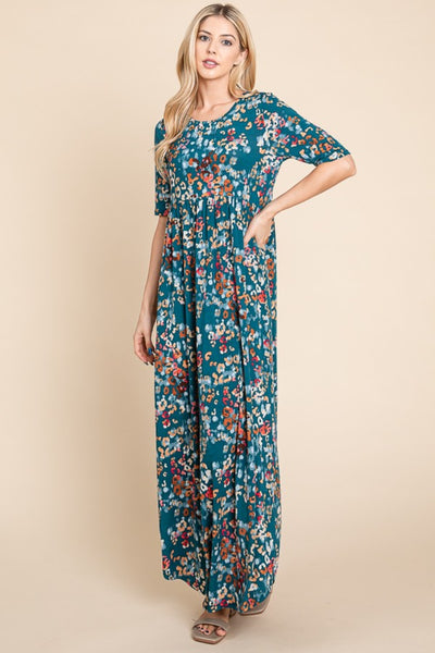 BOMBOM Printed Shirred Maxi Dress Trendsi OMDEL.COM