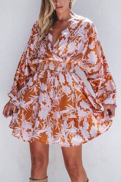 Smocked Printed Long Sleeve Mini Dress Trendsi OMDEL.COM