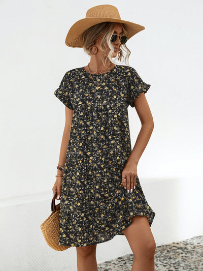 Frill Floral Round Neck Short Sleeve Tiered Dress Trendsi OMDEL.COM