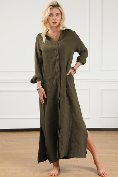 Texture Collared Neck Button Up Slit Shirt Dress Trendsi OMDEL.COM