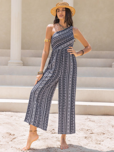 Printed Single Shoulder Sleeveless Jumpsuit - OMDEL.COM