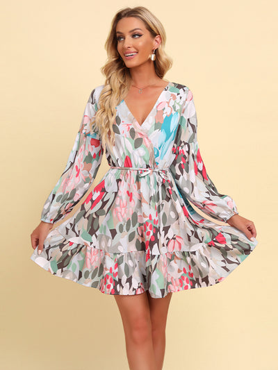 Printed Tie-Waist Puff Sleeve Surplice Dress Trendsi OMDEL.COM