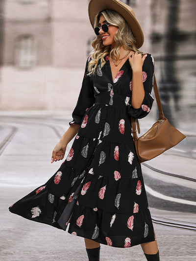 Perfee Printed V-Neck Slit Dress Trendsi OMDEL.COM