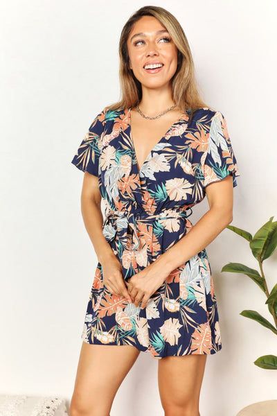 Honey Botanical Print Surplice Neck Tie Waist Romper - OMDEL.COM