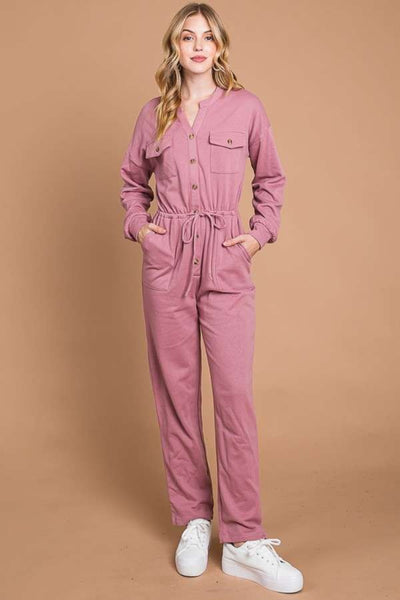 Culture Code Full Size Button Up Drawstring Waist Straight Jumpsuit Trendsi OMDEL.COM