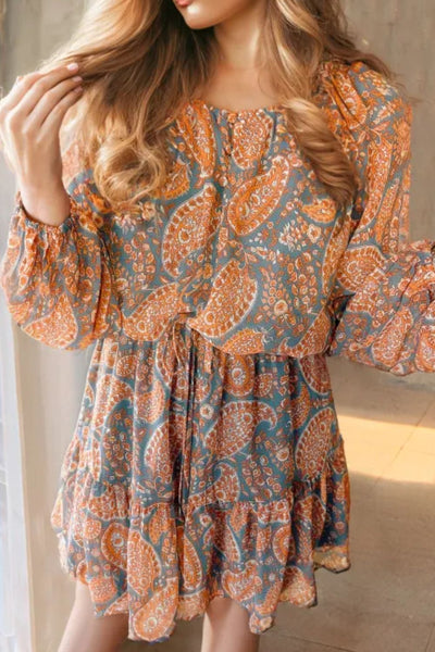 Ruffle Hem Printed Long Sleeve Dress Trendsi OMDEL.COM