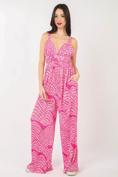 VERY J Printed Pleated Sleeveless Wide Leg Jumpsuit Trendsi OMDEL.COM