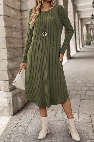 Ribbed Curved Hem Round Neck Long Sleeve Dress Trendsi OMDEL.COM