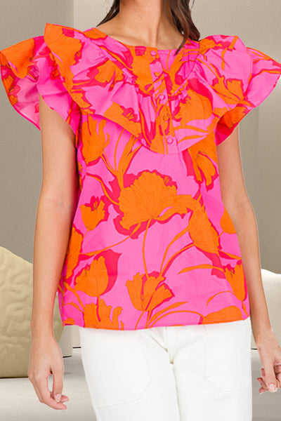 Ruffled Printed Round Neck Cap Sleeve Blouse Trendsi OMDEL.COM