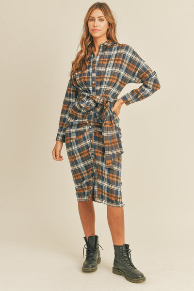 Mable Plaid Flannel Front Tie Button Down Shirt Dress Trendsi OMDEL.COM