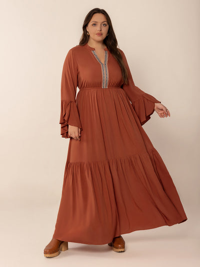 Plus Size Ruffled Notched Long Sleeve Midi Dress Trendsi OMDEL.COM