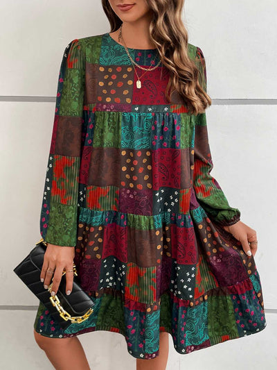 Patchwork Round Neck Long Sleeve Dress Trendsi OMDEL.COM