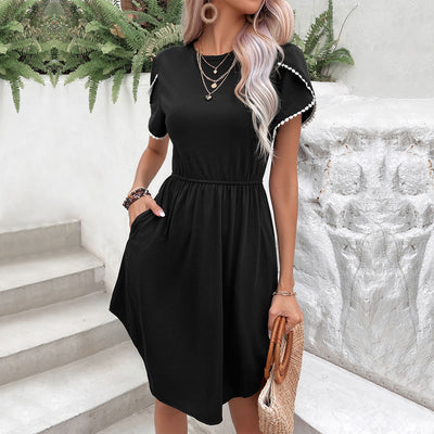 Perfee Round Neck Petal Sleeve Dress with Pockets Trendsi OMDEL.COM