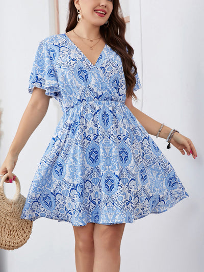 Plus Size Surplice Flutter Sleeve Mini Dress Trendsi OMDEL.COM