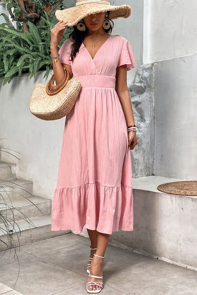 Honey Surplice Neck Smocked Waist Flutter Sleeve Dress Trendsi OMDEL.COM