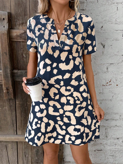 Printed Notched Short Sleeve Mini Dress Trendsi OMDEL.COM