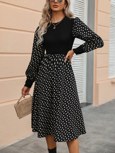 Honey Printed Round Neck Long Sleeve Dress Trendsi OMDEL.COM