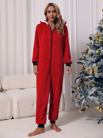 Zip Front Long Sleeve Hooded Teddy Lounge Jumpsuit Trendsi OMDEL.COM