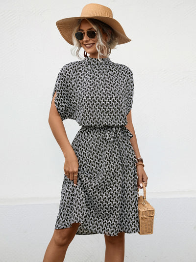 Tied Printed Mock Neck Short Sleeve Dress Trendsi OMDEL.COM