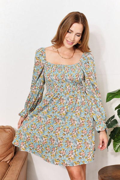 Honey Floral Smocked Flounce Sleeve Square Neck Dress Trendsi OMDEL.COM