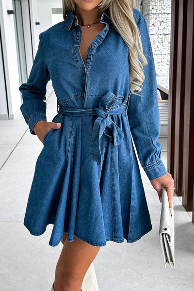 Tied Half Button Long Sleeve Denim Dress Trendsi OMDEL.COM