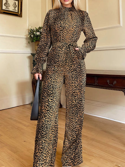 Leopard Flounce Sleeve Wide Leg Jumpsuit Trendsi OMDEL.COM