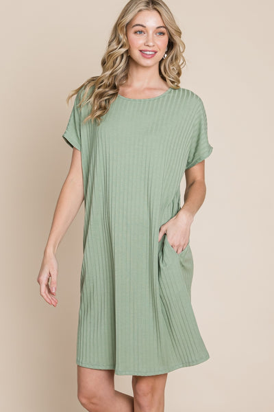 BOMBOM Ribbed Round Neck Short Sleeve Dress Trendsi OMDEL.COM