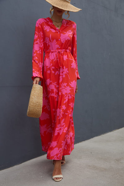 Floral Drawstring Waist Long Sleeve Dress Trendsi OMDEL.COM