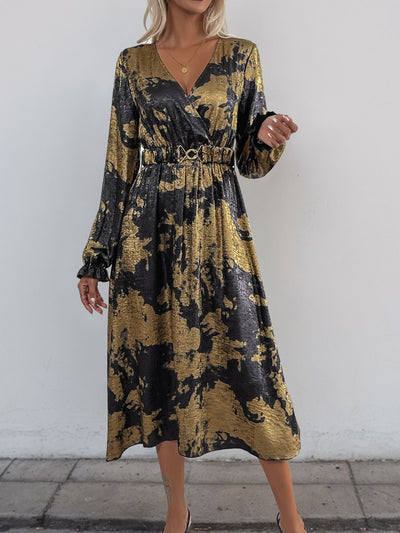 Perfee Printed Surplice Long Sleeve Midi Dress Trendsi OMDEL.COM