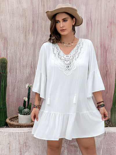 Plus Size Lace Detail Tie Neck Three-Quarter Sleeve Mini Dress Trendsi OMDEL.COM