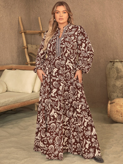 Plus Size Notched Balloon Sleeve Printed Maxi Dress Trendsi OMDEL.COM