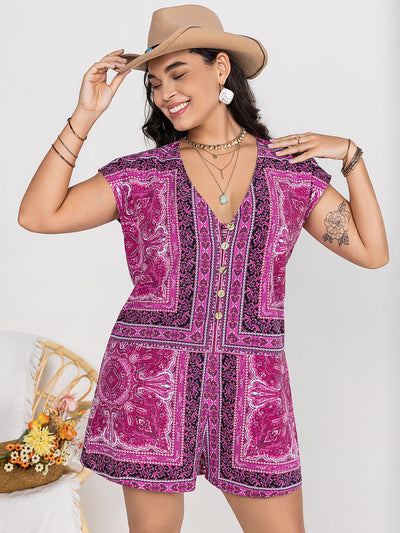 Plus Size Printed V-Neck Cap Sleeve Romper Trendsi OMDEL.COM