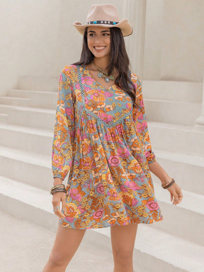 Printed V-Neck Balloon Sleeve Mini Dress Trendsi OMDEL.COM