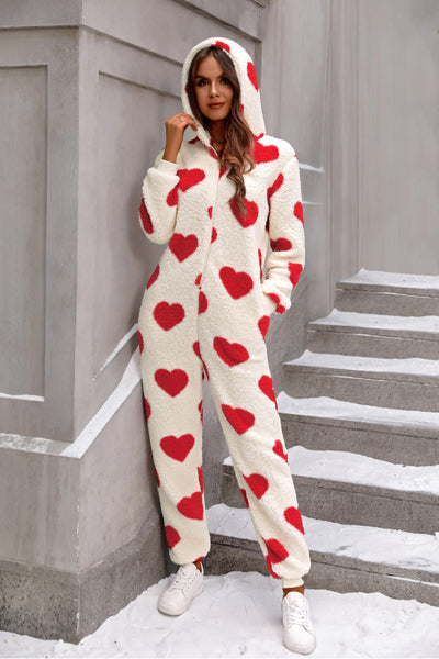 Fuzzy Heart Zip Up Hooded Lounge Jumpsuit Trendsi OMDEL.COM