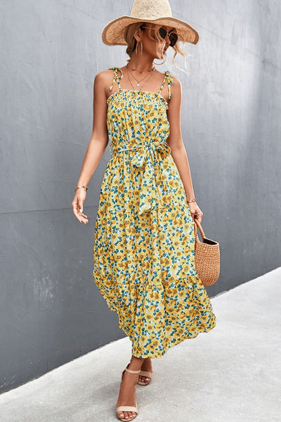 Floral Tie-Shoulder Belted Dress Trendsi OMDEL.COM