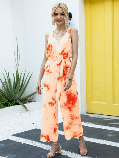 Ivy Lane Tie-Dye Tie Waist Sleeveless Jumpsuit - OMDEL.COM