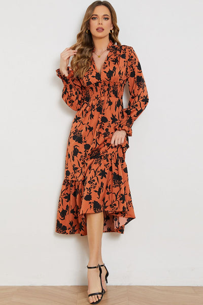 Floral Smocked Long Flounce Sleeve Dress Trendsi OMDEL.COM