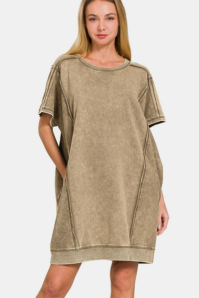 Zenana Washed Exposed Seam Mini Tee Dress Trendsi OMDEL.COM