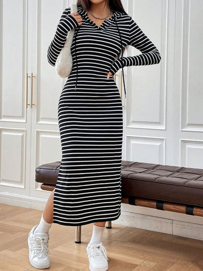 Drawstring Striped Long Sleeve Hooded Dress Trendsi OMDEL.COM