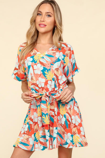 Haptics Tropical Floral Short Sleeve Tied Romper - OMDEL.COM