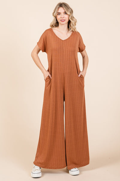 BOMBOM Ribbed Short Sleeve Wide Leg Jumpsuit - OMDEL.COM