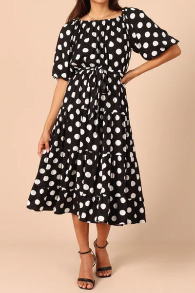 Polka Dot Tie Waist Midi Dress Trendsi OMDEL.COM